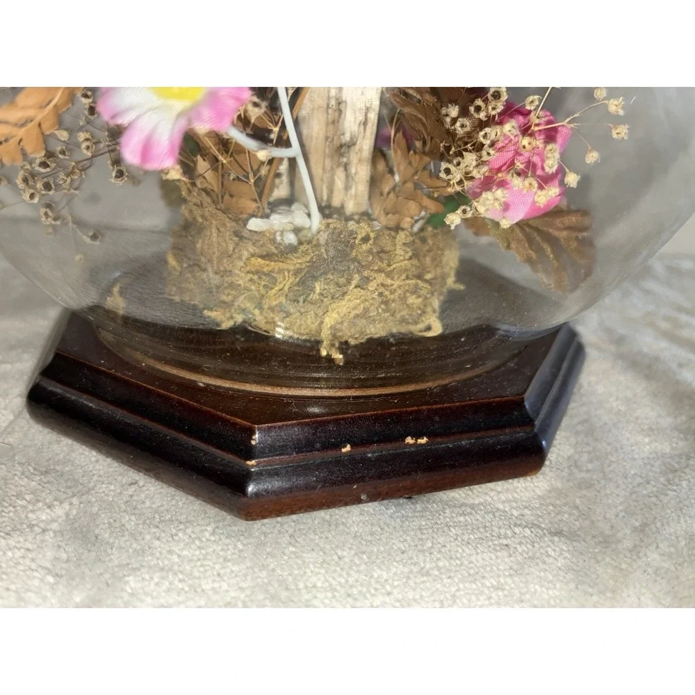 Vintage Butterfly Taxidermy Dried And Faux Pink Flowers In Glass Dome‎ Decor